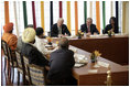 President George W. Bush and Secretary of State Condoleezza Rice are joined by Ambassador David Mulford during a meeting with religious leaders Thursday, March 2, 2006, at the Maurya Sheraton Hotel and Towers in New Delhi.