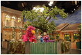 Mrs. Laura Bush meets characters on the set at Gali Gali Sim Sim (India's version of America's Sesame Street) studio, Thursday, March 2, 2006 in New Delhi, India, where she toured and taped a segment for the show.