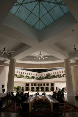 President George W. Bush meets with a young entrepreneurs Friday, March 3, 2006, at the Indian School of Business Learning Resource Center in Hyderabad, India.