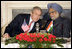 President George W. Bush leans in to speak with India's Prime Minister Manmohan Singh during meetings Thursday, March 2, 2006, in New Delhi.