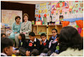Mrs. Laura Bush observes a class lesson in the Children's Resources International clasroom at the U.S. Embassy , Saturday, March 4, 2006 in Islamabad, Pakistan.