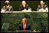 President George W. Bush addresses the United Nations General Assembly in New York City September 12, 2002, "We meet one year and one day after a terrorist attack brought grief to my country, and brought grief to many citizens of our world. Yesterday, we remembered the innocent lives taken that terrible morning," said the President addressing the threat of Iraq. "Today, we turn to the urgent duty of protecting other lives, without illusion and without fear." 