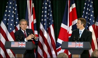 President George W. Bush and British Prime Minister Tony Blair hold a joint press conference at Hillsborough Castle near Belfast, Northern Ireland, Tuesday, April 8, 2003. White House photo by Paul Morse