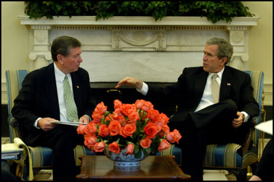 President George W. Bush meets with Attorney General John Ashcroft in the Oval Office Tuesday, March 11, 2003. White House photo by Eric Draper.