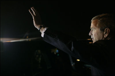 President George W. Bush waves after landing Thursday, March 8, 2007, at Guarulhos International Airport in Sao Paulo, Brazil. White House photo by Eric Draper