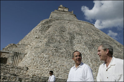 During the final stop of a five-country tour, President George W. Bush and President Felipe Calderon of Mexico visit the Mayan ruins of Uxmal Tuesday, March 13, 2007. White House photo by Eric Draper