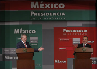 President George W. Bush and President Felipe Calderon of Mexico participate in joint press availability Wednesday, March 14, 2007, at the Fiesta Americana Hotel in Merida, Mexico. President Bush thanked his counterpart for his hospitality and his leadership, and promised to work with the U.S. Congress to pass an immigration law that will “enable us to respect the rule of law and, at the same time, respect humanity in a way that upholds the values of the United States of America.” White House photo by Paul Morse
