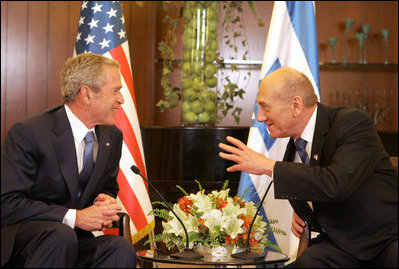 President George W. Bush and Israel's Prime Minister Ehud Olmert meet Wednesday, May 14, 2008, at the Prime Minister's residence in Jerusalem.