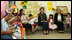 Mrs. Laura Bush joins students at Hand in Hand School for Jewish-Arab Education Wednesday, May 14, 2008, during her visit to Jerusalem. Joining her on the tour of the school that provides integrated, bilingual education to Jewish and Arab students in Israel is Mrs. Aliza Olmert, spouse of Israeli Prime Minister Ehud Olmert.