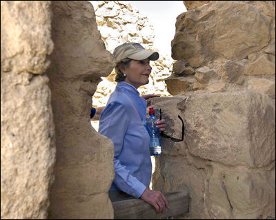 Mrs. Laura Bush pauses during her tour of Masada National Park Thursday, May 15, 2008. The palatial fortress built by King Herod of Judea, sits atop a plateau overlooking the Judean Desert.