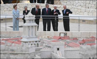 President George W. Bush and Laura Bush are shown a large model of the city of Jerusalem, Thursday, May 15, 2008 at The Israel Museum in Jerusalem, prior attending a reception and dinner at the museum.President and Mrs. Bush are joined by Prime Minister Ehud Olmert and his wife, Aliza Olmert, left, and Israeli President Shimon Peres, right.