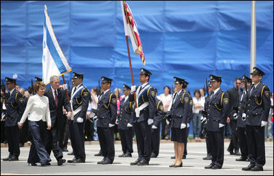 President George W. Bush and Dalia Itzik, Speaker of the Knesset, review the Knesset Guard of Honor Thursday, May 15, 2008, during the arrival ceremony for President and Mrs. Laura Bush at the Israel Parliament in Jerusalem.