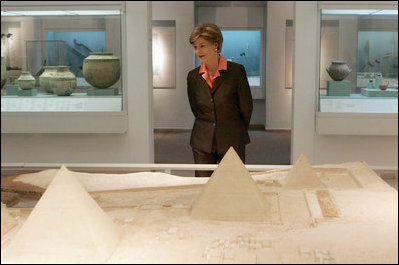 Mrs. Laura Bush looks over an exhibit at the Bible Lands Museum Jerusalem Friday, May 16, 2008, during a final stop in Israel before departing for Saudi Arabia.