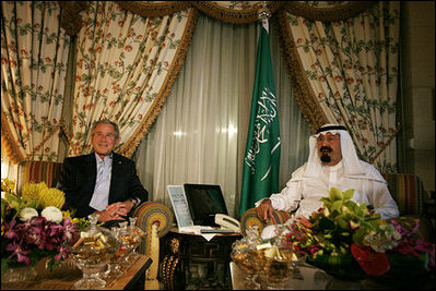 President George W. Bush and the King of Saudi Arabia Abdullah bin Abdulaziz sit for tea prior to dinner, Friday May 16, 2008, in the King's Villa at his Al Janadriyah Ranch in Saudi Arabia.