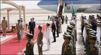 President George W. Bush and King Abdullah bin Abdulaziz review the troops during the arrival ceremonies Friday, May 16, 2008, for the President and Mrs. Laura Bush in Riyadh.
