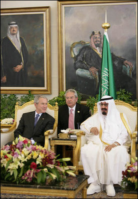 President George W. Bush and King Abdullah bin Abdulaziz sit for photographers inside the Riyadh-King Khaled International Airport Friday, May 16, 2008, during arrival ceremonies for the President and Mrs. Bush shortly after their Saudi Arabia arrival.