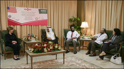 Mrs. Laura Bush attends a briefing with medical professionals and members of the Saudi Cancer Society Friday, May 16, 2008, at the King Fahd Medical City facility in Riyadh, Saudi Arabia, to discuss the success and progress of the U.S.-Saudi Partnership for Breast Cancer Awareness and Research.