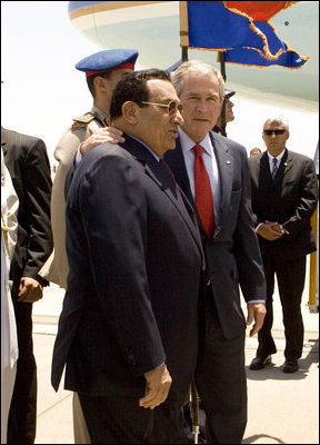 President George W. Bush embraces Egyptian President Hosni Mubarak upon his arrival Saturday, May 17, 2008, to Sharm el-Sheik International Airport in Sharm el-Shiek, Egypt. 