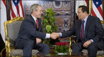 President George W. Bush shakes hands with Egyptian President Hosni Mubarak at their meeting Saturday, May 17, 2008, in Sharm el-Shiek, Egypt.