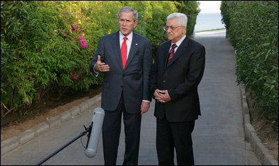 President George W. Bush is joined by Palestinian President Mahmoud Abbas Saturday, May 17, 2008, as they speak with members of the media following their meeting in Sharm el-Shiek, Egypt.