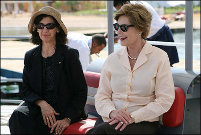 Mrs. Laura Bush sits with Ms. Hilda Arellano, USAID Cairo Mission Director, as they prepare to launch out on a Challenger Boat Tour Saturday, May 17, 2008, off the coast of Sharm El Sheikh, Egypt.