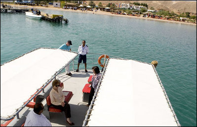 Mrs. Laura Bush is seen as she prepares to leave on the Challenger Boat Tour Saturday, May 17, 2008, off the coast of Sharm El Sheikh, Egypt.