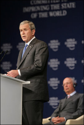 President George W. Bush speaks before the World Economic Forum on the Middle East Sunday, May 18, 2008, in Sharm El Sheikh, Egypt. The President told his audience, "I know these are trying times, but the future is in your hands –- and freedom and peace are within your grasp."