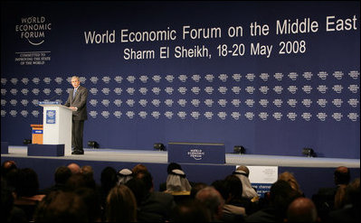 President George W. Bush speaks before the World Economic Forum on the Middle East Sunday, May 18, 2008, in Sharm El Sheikh, Egypt. The President told his audience, "I know these are trying times, but the future is in your hands –- and freedom and peace are within your grasp."
