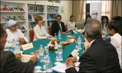 Mrs. Laura Bush participates in a roundtable with students Sunday, May 18, 2008, at the Fayrouz Experimental School for Languages in Sharm El Sheikh, Egypt. The roundtable highlighted the Big Read Egypt/U.S. initiative which proves citizens with the opportunity to read and discuss a single book within their communities featuring innovative reading programs and compelling resources for discussing outstanding literature.