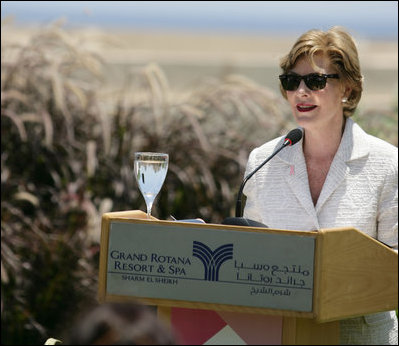 Mrs. Laura Bush delivers remarks on U.S.-Middle East Partnership for Breast Cancer Awareness and Research Sunday, May 18, 2008, at the Grand Rotana Resort in Sharm El Sheikh, Egypt. Said Mrs. Bush, "The new U.S.-Middle East Partnership for Breast Cancer Awareness and Research is helping us pass on what we've learned so that more women who are diagnosed with breast cancer in the early stages when the survival chances are greatest."