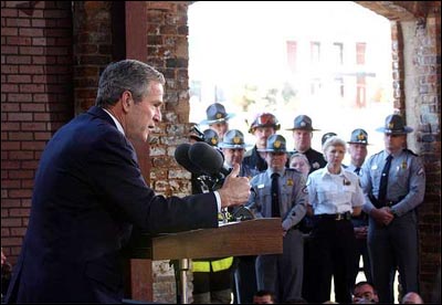 President George W. Bush speaks during his visit with first responders, including rural police and fire officials, in Greenville, South Carolina, Wednesday, March 27, 2002. White House photo by Eric Draper.