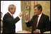 President George W. Bush and President Viktor Yushchenko of Ukraine, raise their glasses in a toast Tuesday, April 1, 2008, during a social lunch at the Presidential Secretariat in Kyiv.