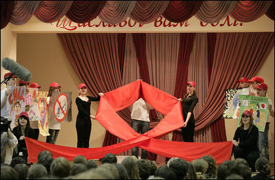 Sponsored by the President's Emergency Plan for AIDS Relief (PEPFAR), students at School 57 in Kyiv perform a skit on HIV/AIDS for President George W. Bush and Mrs. Laura Bush Tuesday, April 1, 2008, during the daylong visit by the President and First Lady.