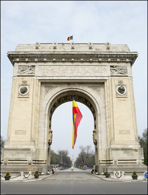 The Arcul de Triumf, designed by architect Petre Antonescu and located in north Bucharest, is 27 meters high and originally was built from wood after Romania gained its independence in 1878 so that victorious troops could march under it. Rebuilt and inaugurated in 1936, the current arch is a gateway to this year's 2008 NATO Summit.