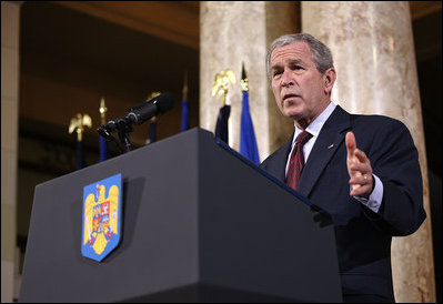President George W. Bush emphasizes a point as he delivers remarks Tuesday, April 2, 2008, at the National Bank of Savings in Bucharest.