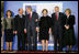 President George W. Bush and Mrs. Laura Bush share a light moment Wednesday, April 2, 2008, with Romania's President Taian Basescu and Mrs. Maria Basescu, left, and NATO Secretary General Jaap de Hoop Scheffer and Mrs. Jeannine de Hoop Scheffer during the NATO Summit official greeting at the Cotroceni Palace in Bucharest.