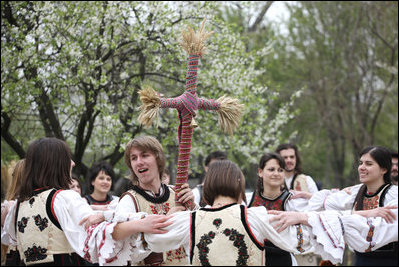Traditional folk dancers perform during the Official NATO Spouses' Program Thursday, April 3, 2008, at Dimitrie Gusti Village Museum in Bucharest.