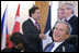 President George W. Bush smiles at photographers as they gather in front of him Friday, April 4, 2008, during the afternoon session of the 2008 NATO Summit in Bucharest.