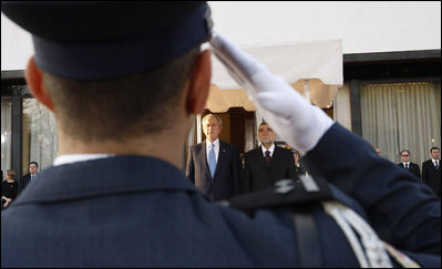 President George W. Bush and President Stjepan Mesic of Croatia stand for their respective national anthems Friday, April 4, 2008, during welcoming ceremonies in Zagreb for the President and Mrs. Bush.