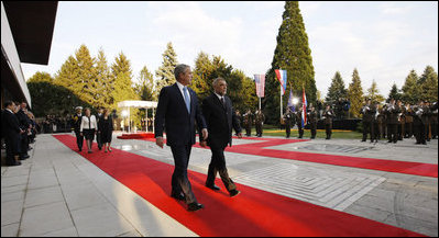 President George W. Bush and President Stjepan Mesic of Croatia review troops Friday, April 4, 2008, during welcoming ceremonies in Zagreb for the President and Mrs. Bush.