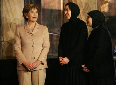 Mrs. Laura Bush smiles during her visit Friday, April 4, 2008, to Stavropoleos Church in Bucharest, Romania. The church, built in 1724, is an artistic monument displaying a well-balanced blend of Byzantine-oriental and Western-baroque elements.