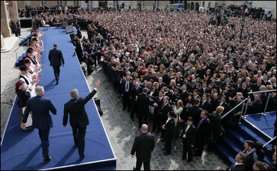 President George W. Bush and Prime Minister Ivo Sanader of Croatia are welcomed by thousands who flocked to St. Mark's Square in downtown Zagreb Saturday, April 5, 2008, to see and hear the U.S. President.