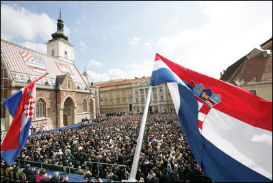 Thousands jam St. Marks's Square in Zagreb to see and hear President George W. Bush and Prime Minister Ivo Sanader of Croatia Saturday, April 5, 2008.