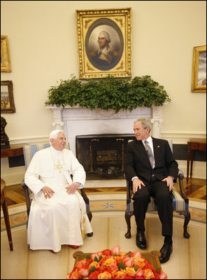 President George W. Bush and Pope Benedict XVI meet in the Oval Office Wednesday, April 16, 2008, following the Pope's welcoming ceremony on the South Lawn of the White House.