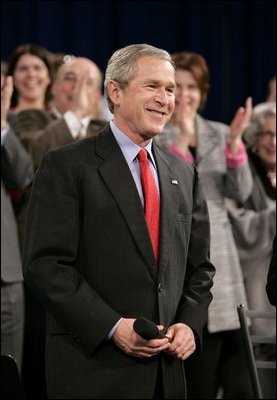 President George W. Bush receives a warm welcome from participants attending a Conversation on Social Security at North Dakota State University in Fargo, N.D., Thursday, Feb. 3, 2005.