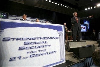 President George W. Bush leads the discussion during a Town Hall on Strengthening Social Security at the Tampa Convention Center in Tampa, Florida, Friday, Feb. 4, 2005.