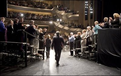 President George W. Bush receives a warm welcome at the Kentucky Center for the Performing Arts in Louisville, Ky., where he kicks off a two-day trip to promote his plan to reform Social Security Thursday, March 10, 2005.