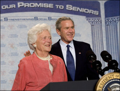 Former First Lady Barbara Bush introduces her son President George W. Bush during a discussion on strengthening Social Security at the Lake Nona YMCA Family Center in Orlando, Fla., Friday, Mar. 18, 2005.