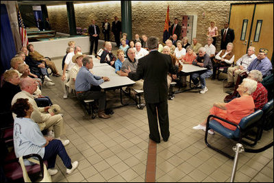 President George W. Bush talks about Social Security issues with a group of seniors Monday, March 21, 2005, at the Morris K. Udall Center in Tucson, Az. The recreation center was the president’s first stop on his Arizona visit.