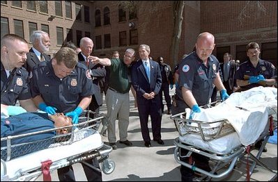 President Bush visits the Georgia Institute of Technology O’Keefe Building to view an emergency response training exercise March 27, 2002. President Bush has set an ambitious goal of assuring that most Americans have electronic health records within the next 10 years. It would allow access to secure, complete records in an instant, whether from the emergency room or the family doctor’s office. 